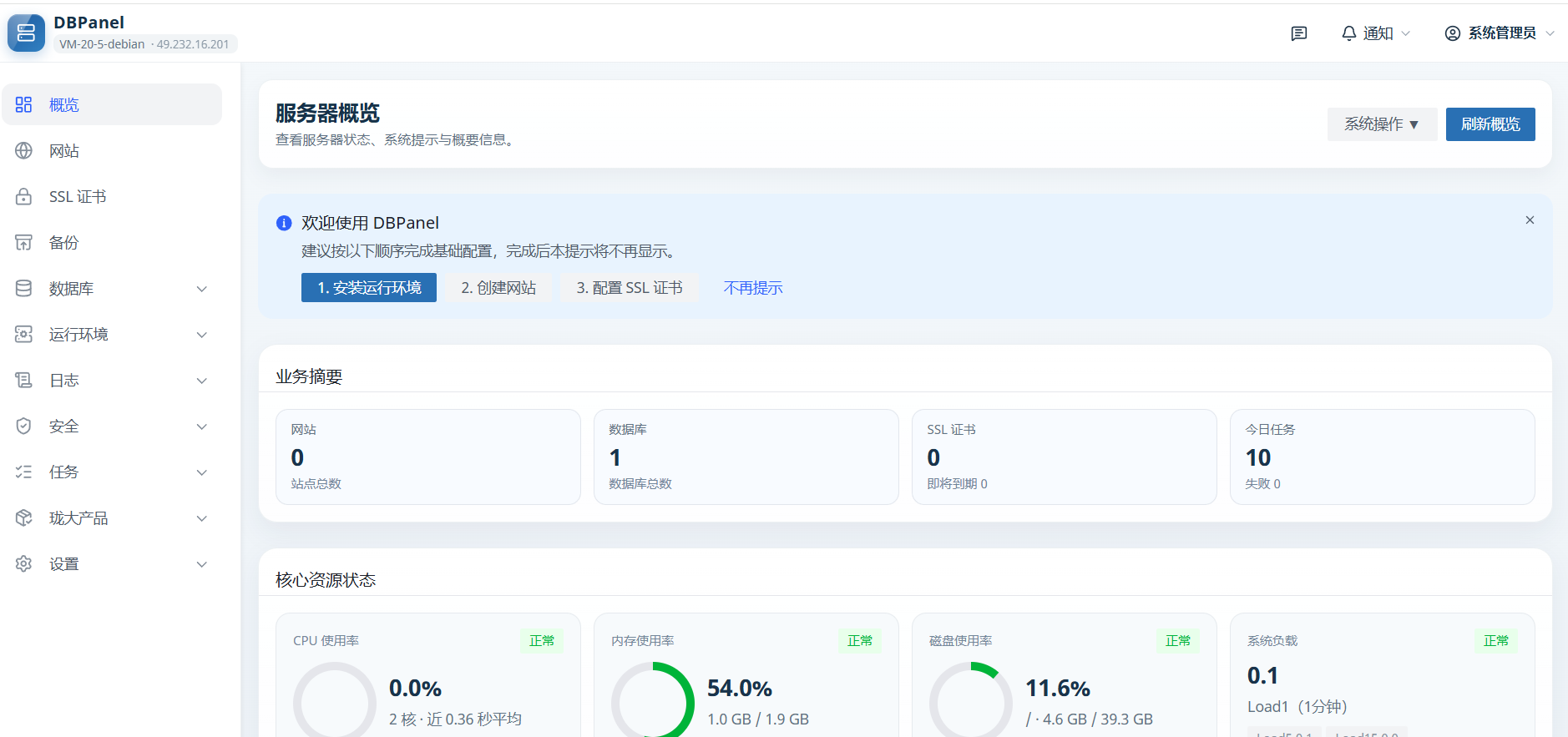 DBPanel 后台控制台概览界面预览